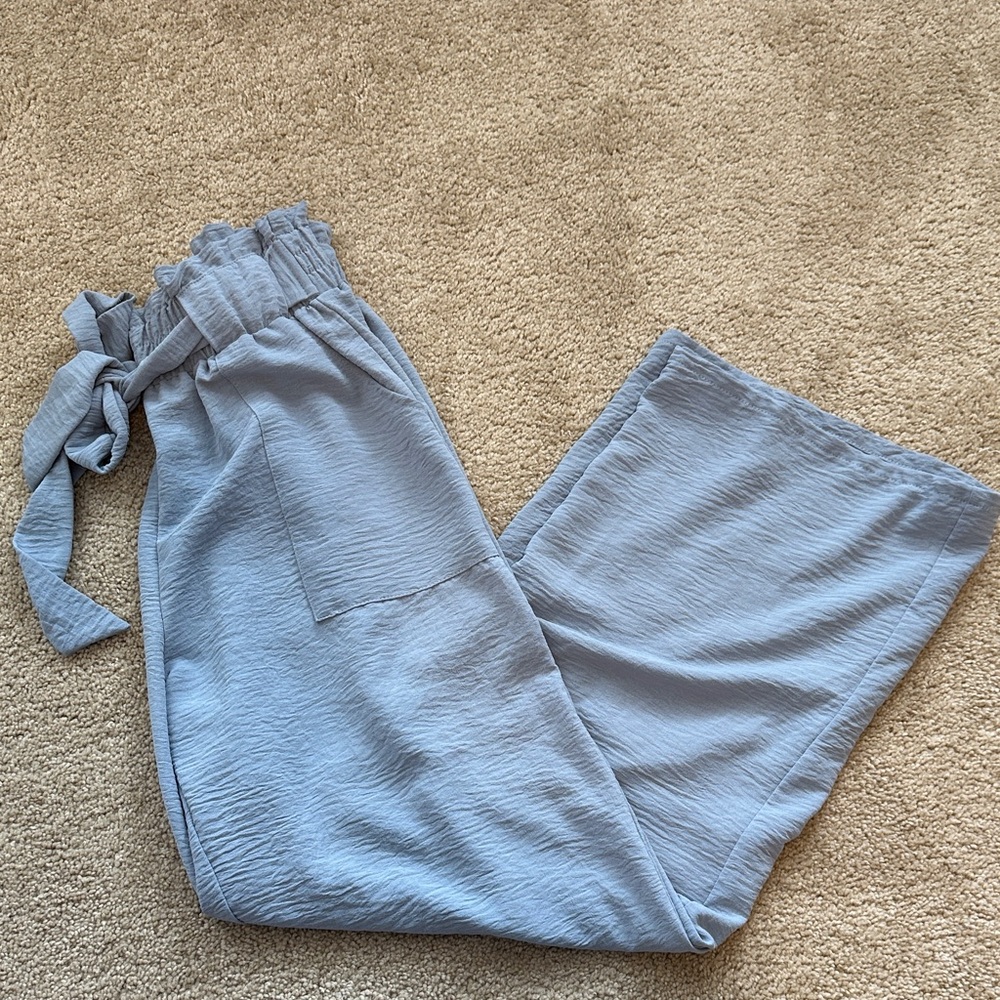 Wide Leg Paperbag Waist Pants - Light Blue - Picture 2 of 4